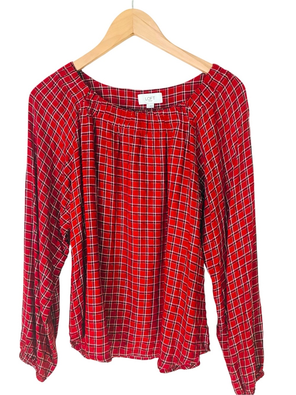 Ann Taylor LOFT Sz SMALL Red Plaid Metallic Gold Long-Sleeve Peasant Blouse Top - Picture 2 of 7